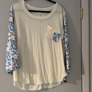 POL Cream Top with Blue Floral Sleeves